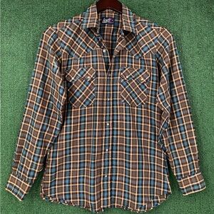 VTG 70’s Levi’s Western Plaid Brown Teal Pearl Snap Tapered Fit Shirt Mens Small